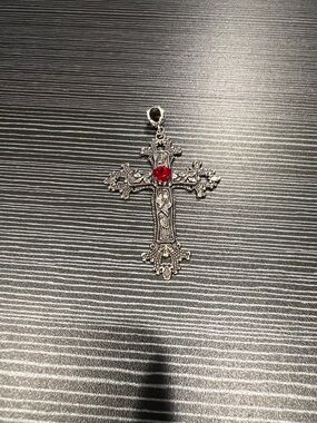 Silver Tone Cross Pendant with Red Gem NIP